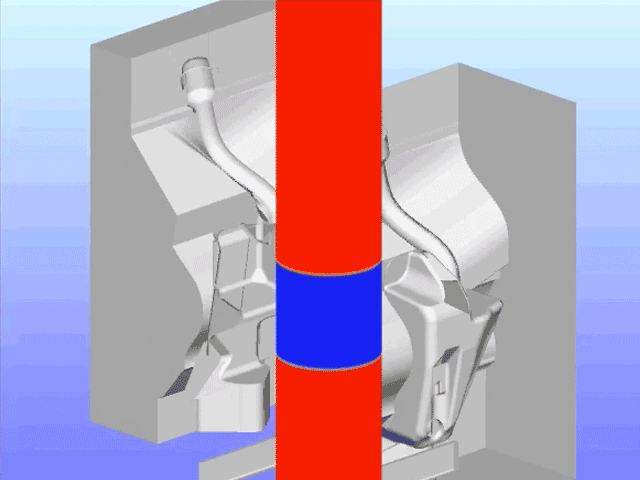 A simulation of the blow molding process on a fluid reservoir.
