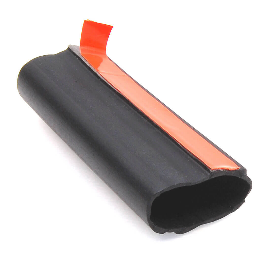 A hollow extruded seal with an orange tape-backed adhesive strip, used in automotive weather stripping. 