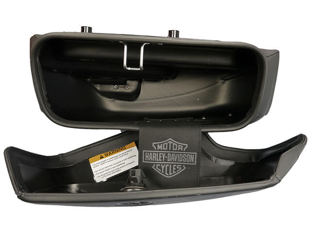 A blow molded saddle bag for a motorcycle.