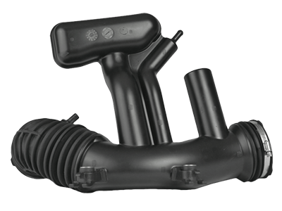 An air intake assembly combining multiple blow molded parts.