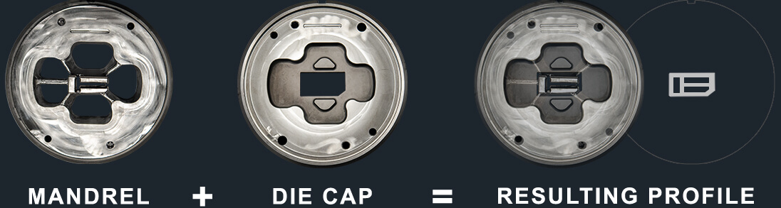 An illustration showing how the mandrel and die cap work together in the aluminum extrusion process to create a hollow profile.