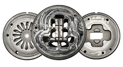 Three aluminum extrusion dies shown face-on, including multi-port hollow die designs.