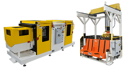Die ejector and die ring loader for an aluminum extrusion die shop.
